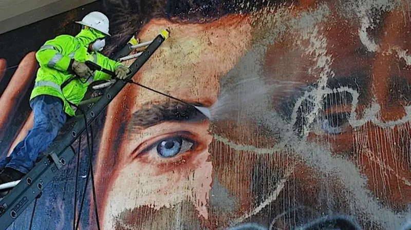 Scott Haskins mentre restaura un murale