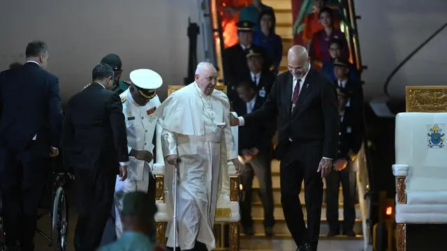 Pope Francis during the welcome ceremony on the occasion of Pope Francis' arrival at Port Moresby International Airport, Papua New Guinea, Sept. 6, 2024. ANSA/ALESSANDRO DI MEO