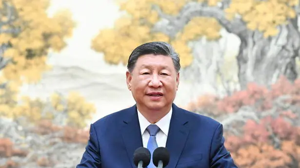 epa11556859 Chinese President Xi Jinping, also general secretary of the Communist Party of China Central Committee and chairman of the Central Military Commission, delivers a speech during a meeting with China's Olympic delegation for Paris 2024 at the Great Hall of the People in Beijing, China, 20 August 2024. Party and state leaders Xi Jinping, Zhao Leji, Wang Huning, Cai Qi, Li Xi and Han Zheng met with China's Olympic delegation for Paris 2024. EPA/XINHUA / XIE HUANCHI CHINA OUT / UK AND IRELAND OUT / MANDATORY CREDIT EDITORIAL USE ONLY