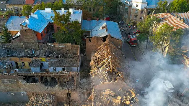 epa11583452 A handout photo made available by the National Police of Ukraine press service shows rescuers working at the site of a combined Russian strike that hit a residential area in Lviv, western Ukraine, 04 September 2024, amid the ongoing Russian invasion. At least seven people died, including three children, and 35 others were injured as a result of a Russian combined attack by shock drones and rockets of different types in Lviv, according to Lviv Mayor Andriy Sadovy. Russian troops entered Ukrainian territory on 24 February 2022, starting a conflict that has provoked destruction and a humanitarian crisis. EPA/NATIONAL POLICE OF UKRAINE/HANDOUT -- BEST QUALITY AVAILABLE --HANDOUT EDITORIAL USE ONLY/NO SALES