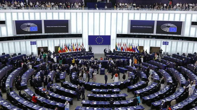 epa11485211 General view of the hemicycle during voting to elect the European Commission President at a plenary session of the parliament in Strasbourg, France, 18 July 2024. MEPs will vote on Von der Leyen's nomination for Commission President on 18 July. If she is elected, she will serve as European Commission President for the next five years. If she does not get the required majority, the European Council will have to propose a new candidate within one month. EPA/RONALD WITTEK