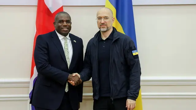 epa11598374 A handout photo made available by the Prime Minister of Ukraine shows British Foreign Secretary David Lammy (L) shaking hands with Ukrainian Prime Minister Denys Shmyhal (R) during a meeting in Kyiv, Ukraine, 11 September 2024. Shmyhal said the UK announced a new military aid package and the provision of 30 million Great Britain Pound (GBP) to support Ukraine's energy sector. UK Foreign Secretary Lammy, along with US State Secretary Blinken, on 11 September traveled to Ukraine to meet with Ukrainian government officials to discuss continued support for the country's defense against Russia's invasion. EPA/PRIME MINISTER OF UKRAINE HANDOUT -- MANDATORY CREDIT -- BEST QUALITY AVAILABLE -- HANDOUT EDITORIAL USE ONLY/NO SALES