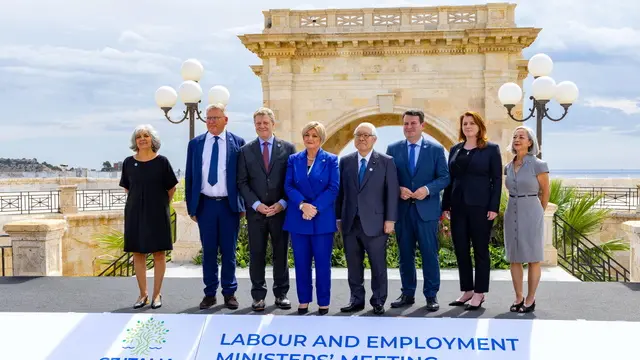 epa11599949 Italian Minister of Labor and Social Policies, Marina Calderone (C), poses with the ministers at the Bastion de Saint Remy during the G7 ministersâ€™ meeting on Labour and Employment in Cagliari, Italy, 12 September 2024. The G7 Ministersâ€™ Meeting on Labour and Employment will be held in Cagliari on 11-13 September. EPA/FABIO MURRU