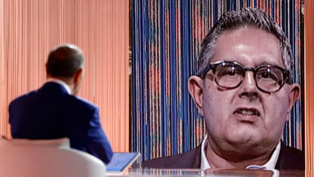 Giovanni Toti (in collegamento sul monitor) intervistato da Bruno Vespa durante la trasmissione televisiva ‘Cinque Minuti’ in onda su Rai Uno, Roma 13 settembre 2024. ANSA/FABIO FRUSTACI