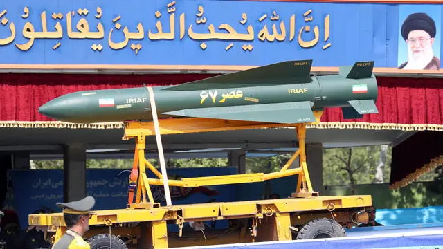 epa11283807 A drone is displayed during the annual Army Day celebration at a military base in Tehran, Iran, 17 April 2024. According to Iranian state media, Raisi described the recent attack launched towards Israel as 'limited' and 'punitive', adding that any act of aggression against Iran will be dealt with a 'powerful and fierce' response. Iran's Islamic Revolutionary Guards Corps (IRGC) launched drones and rockets towards Israel late on 13 April. EPA/ABEDIN TAHERKENAREH