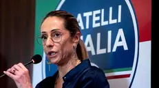 Arianna Meloni, responsabile della segreteria politica nazionale di Fratelli d’Italia (FdI) e sorella del presidente del Consiglio Giorgia Meloni, durante l’incontro "L'Italia chiama l'Europa" presso Terme dei Papi, Viterbo, 19 aprile 2024. ANSA/ANGELO CARCONI