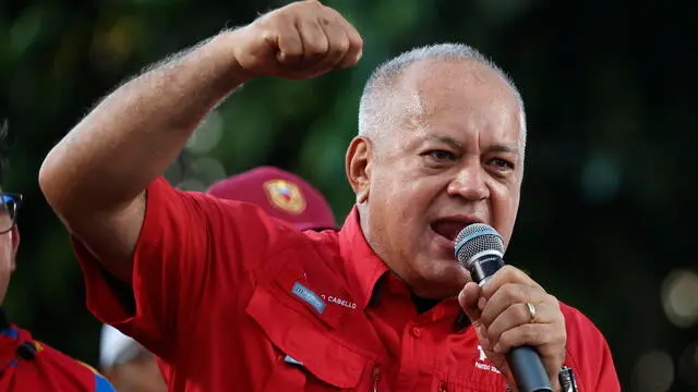epa11553787 The first vice president of the ruling United Socialist Party of Venezuela (PSUV), Diosdado Cabello, speaks during a pro-government rally in Caracas, Venezuela, 17 August 2024. Venezuelan President Nicolas Maduro asked Parliament to approve 'very quickly' the law against fascism, neo-fascism and hate crimes, which contemplates, among other things, sanctioning those who promote acts of 'violence' in the country, a product of 'intolerance.' EPA/MIGUEL GUTIERREZ