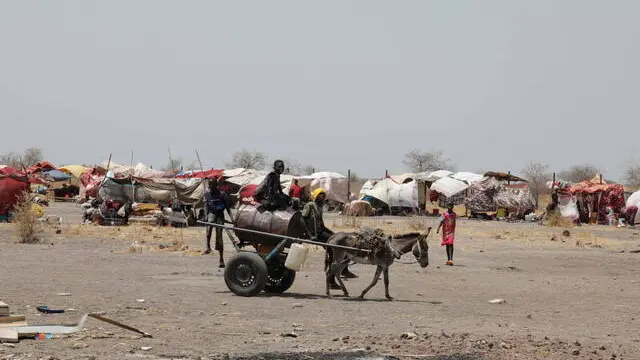 epa10628090 A local boy drives a donkey cart to sell water to South Sudanese returnees who fled the war in Sudan, camping outside the Orthodox Church in the Upper Nile State town of Renk, South Sudan, 14 May 2023. The grounds of the Orthodox Church in Renk are home to some hundreds of South Sudan returnees from the Christian Orthodox minority. They were brought in by transport sent by the South Sudan government. â€˜One morning we came and they were all here, they built shelters with tree wood pieces and women's clothes fabric; the challenge now is to provide them with food and water as there is none hereâ€™, a church worker said, asking not to be named. The returnees sleep in the open area under extremely hot temperatures, a usual occurrence before the rainy season. Most have come with very little and do not know where they will go next. According to the United Nations, some 200,000 people have fled the conflict in Sudan between 15 April and 12 May 2023. Most of them left towards neighboring countries such as Egypt, Tchad, South Sudan or Ethiopia, and about two million people were internally displaced. On Sunday 14 May, the faithful found solace at mass guided by father Michael and prayed for a solution to their unexpected predicament. Leaving behind them the armed conflict between the Sudanese military and the RSF (Rapid Support Forces) militia, most of the refugees in South Sudan are South Sudanese returnees, part of the some 800, 000 who had previously fled the war in South Sudan and who are now returning to a country which is barely out of conflict itself, with tensions still remaining in many areas. EPA/AMEL PAIN ATTENTION: This Image is part of a PHOTO SET