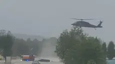 epa11606111 A handout photo made available by the Press Office of the Austrian Ministry of Defence shows a Black Hawk S-70 from the Austrian Armed Forces (Bundesheer) flying over flooding on the B19 near Markersdorf, in the Austrian state of Lower Austria, 15 September 2024. According to the Austrian Ministry of Defence, two people have been rescued in the operation. Austrian Chancellor Karl Nehammer stated on 15 September that the 'situation remains serious', especially in Lower Austria, as thousands of rescuers are fighting across federal states after rainfall caused flooding and chaos in Austria. EPA/AUSTRIAN MINISTRY OF DEFENCE HANDOUT -- MANDATORY CREDIT -- BEST QUALITY AVAILABLE -- HANDOUT EDITORIAL USE ONLY/NO SALES