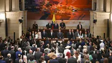 epa10759003 The President of Colombia Gustavo Petro (C) attends the installation of the ordinary sessions of the Congress of the Republic 2023-2024, in Bogota, Colombia, 20 July 2023. At the opening of the new session of Congress, the Colombian President defended his social reforms, which are facing difficulties, as in the previous legislature, due to a lack of political support. EPA/Natalia Pedraza