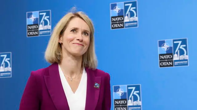 epa11470368 Estonia's Prime Minister Kaja Kallas speaks to members of the news media as he arrives at the NATO Summit at Walter E. Washington Convention Center in Washington, DC, USA, 10 July 2024. The 75th Anniversary NATO Summit is taking place in Washington, DC, from 09 to 11 July 2024. EPA/MICHAEL REYNOLDS