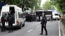 epa11312021 Turkish riot police secure the area after a group of protesters was arrested as they tried to reach Taksim Square during the International Labor Day in Istanbul, Turkey, 01 May 2024. Thousands of protesters, including members of the main labor unions and leftist groups, gathered for a rally to reach Istanbul's Taksim Square as Turkish police sealed off the central square to prevent May Day demonstrations. The security measures came a day after Interior Minister Yerlikaya said authorities had designated 40 areas for May Day celebrations, excluding Taksim Square. EPA/ERDEM SAHIN