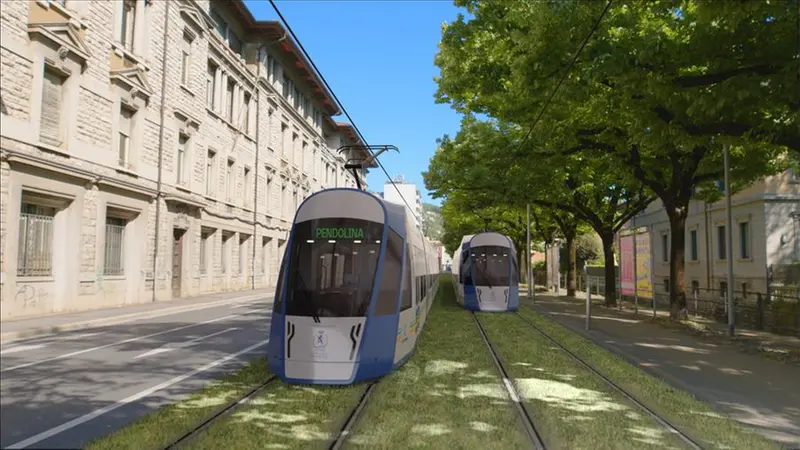 Il rendering del tram di Brescia nelle vie della città