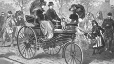 Zeichnung von G. Franz, Patent-Motorwagen - Illustrirte Zeitung vom 1. Dezember 1888, S. 574 (Digitalisat)