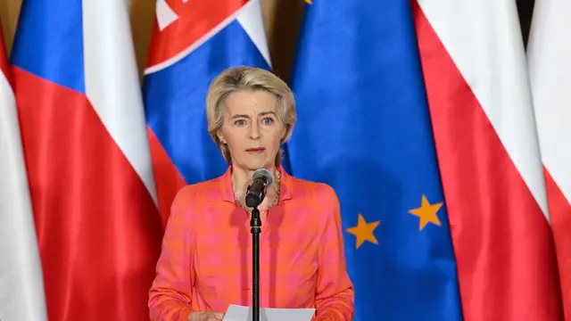 epa11614320 European Commission President Ursula von der Leyen attends a joint press conference after a meeting on flood situation in Wroclaw, Poland, 19 September 2024. The low-pressure system Boris brought heavy rain to central and eastern Europe starting on 11 September 2024 with five times the average monthly rainfall for September within a few days according to the EU's Copernicus programme. Hundreds of thousands were evacuated from their homes across the region and more than twenty people died according to the latest reports from the countries affected. On 16 September, the Polish government officially declared a state of natural disaster on the affected areas. EPA/MACIEJ KULCZYNSKI POLAND OUT