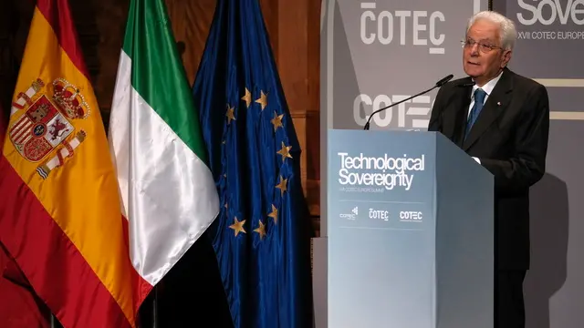 epa11615573 Italian President Sergio Mattarella delivers his speech during the 17th Cotec Europa innovation summit in Las Palmas, Gran Canaria, Canary Islands, Spain, 20 September 2024. EPA/ANGEL MEDINA G.