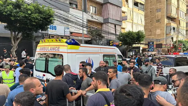 epa11615799 Ambulances carry injured people after a targeted Israeli strike in Beirut, Lebanon, 20 September 2024. The Israeli Defense Forces (IDF) on 20 September released a statement saying it "conducted a targeted strike in Beirut". EPA/WAEL HAMZEH