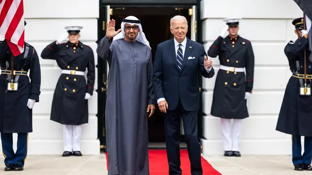 epa11621080 US President Joe Biden (R) greets United Arab Emirates (UAE) President Sheikh Mohamed bin Zayed Al Nahyan (L) on the South Portico of the White House in Washington, DC, USA, 23 September 2024. It is the first official visit to the White House by a UAE president. EPA/JIM LO SCALZO