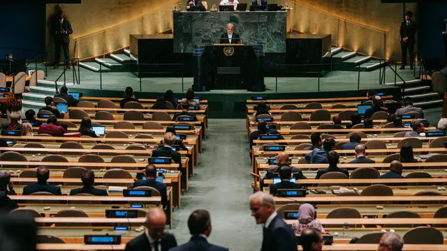 epa11621426 Iranian President Masoud Pezeshkian speaks during the 'Summit of the Future' being held in advance of this weekâ€™s General Debate of the 79th session of the United Nations General Assembly at United Nations Headquarters in New York, New York, USA, 23 September 2024. EPA/OLGA FEDOROVA