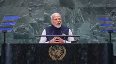 epa11621073 Indian Prime Minister Narendra Modi speaks during the Summit of the Futuree being held in advance of the general debate of the 79th session of the United Nations General Assembly at United Nations Headquarters in New York, New York, USA, 23 September 2024. The general debate of the UN General Assembly starts on 24 September 2024. EPA/SARAH YENESEL