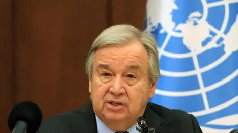 epa10497268 The Secretary-General of the United Nations, Antonio Guterres speaks during a press conference at the al-Rasheed hotel in Baghdad, Iraq, 01 March 2023. Antonio Guterres announced that his visit is to show solidarity and promote hope for a better future for Iraq. EPA/AHMED JALIL