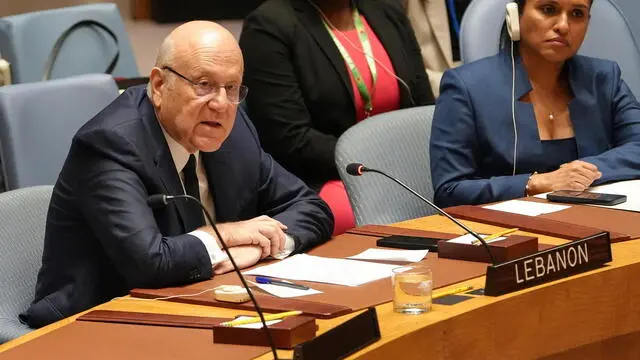 epa11625137 Prime Minister of Lebanon Najib Mikati addresses the United Nations Security Council during an emergency meeting called to address the rising tensions between Israel and Lebanon on the sidelines of the General Debate of the 79th session of the United Nations General Assembly at United Nations Headquarters in New York, New York, USA, 25 September 2024. EPA/STEPHANI SPINDEL