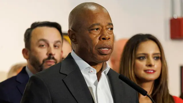 epa11537799 New York City Mayor Eric Adams speaks during a press conference at the 14th Street YMCA in New York, New York, USA, 08 August 2024. The mayor and team of other government officials summarized their efforts to collaborate to better 14th Street in terms of 'public safety and quality of life.' EPA/SARAH YENESEL