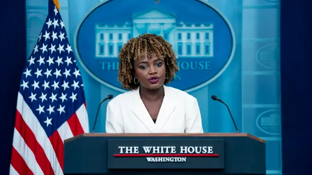 epa11612745 White House Press Secretary Karine Jean-Pierre speaks during the daily press briefing in the James S. Brady Briefing Room at the White House in Washington, DC, USA, 18 September 2024. EPA/BONNIE CASH / POOL