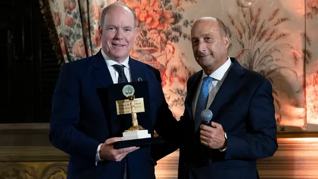 Premio internazionale Magna Grecia, assegnato al principe Alberto II di Monaco, consegnato da Antonino Foti. Roma, 26 settembre 2024 ANSA/MASSIMO PERCOSSI