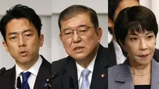 epa11601489 A combination picture shows former Environment Minister Shinjiro Koizumi (L), Former Defense Minister Shigeru Ishiba (C) and Economic Security Minister Sanae Takaichi during a joint news conference for Japan's ruling Liberal Democratic Party (LDP) presidential election at the LDP headquarters in Tokyo, Japan, 13 September 2024. Nine candidates stand in the presidential election, which will be conducted, along with the appointment of a new leader, on 27 September 2024. EPA/FRANCK ROBICHON / POOL