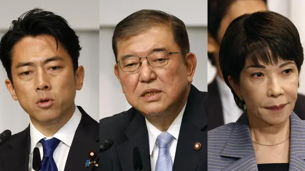 epa11601489 A combination picture shows former Environment Minister Shinjiro Koizumi (L), Former Defense Minister Shigeru Ishiba (C) and Economic Security Minister Sanae Takaichi during a joint news conference for Japan's ruling Liberal Democratic Party (LDP) presidential election at the LDP headquarters in Tokyo, Japan, 13 September 2024. Nine candidates stand in the presidential election, which will be conducted, along with the appointment of a new leader, on 27 September 2024. EPA/FRANCK ROBICHON / POOL