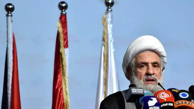 epa10876349 Sheikh Naim Qassem, deputy of Hezbollah leader Sayyed Hassan Nasrallah, speaks during an event to mark the 41st anniversary of the Sabra and Shatila massacre, in Beirut, Lebanon, 22 September 2023. Lebanese militiamen allied to Israel killed between 2,000 and 3,500 people in the massacre that took place in Shatila, a Palestinian refugee camp, and Sabra the adjacent neighborhood in the southwest of Beirut between 16-18 September 1982. EPA/WAEL HAMZEH