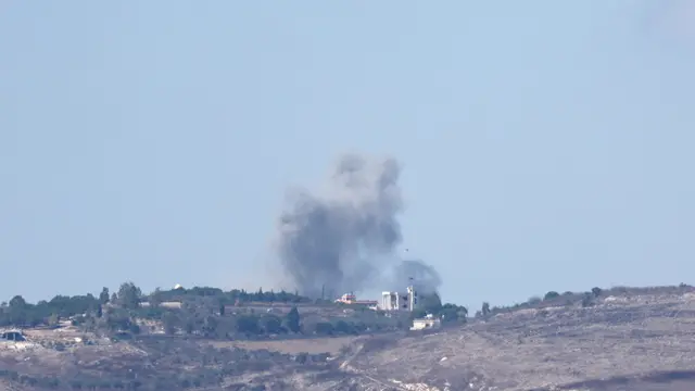 epa11633447 Smoke rises following an Israeli airstrike on a village in southern Lebanon, as seen from an undisclosed location on the Israeli side of the border, 30 September 2024. The Israeli military announced on 30 September that it had eliminated the head of the Lebanon Branch of Hamas during an ‘overnight joining IDF and ISA intelligence-based’ operation in Lebanon.