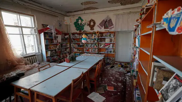 epa09890131 A damaged children's library in Makariv near Kyiv (Kiev), Ukraine, 14 April 2022. Some cities and villages had recently been recaptured by the Ukrainian army from withdrawing Russian forces and now people try to restore normal life there. On 24 February Russian troops had entered Ukrainian territory resulting in fighting and destruction in the country, a huge flow of refugees, and multiple sanctions against Russia. EPA/SERGEY DOLZHENKO