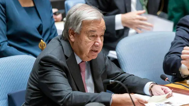 epa11624181 United Nations Secretary-General Antonio Guterres speaks during a high-level United Nations Security Council meeting held on the sidelines of the ongoing General Debate of the 79th session of the United Nations General Assembly at United Nations Headquarters in New York, New York, USA, 25 September 2024. The high-level Security Council meeting was called to discuss ways that the body could work to 'restore political will and mutual trust to further strengthen the multilateral system with the United Nations at its core and make it relevant in the world of today' according to Slovenia, which called the meeting and holds the council presidency for the month of September. EPA/JUSTIN LANE