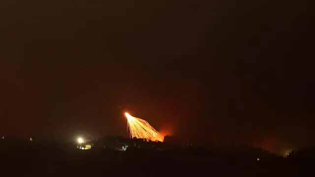 epa11634327 Israeli artillery shells hit areas near villages in southern Lebanon along the border with Israel, as seen from the Upper Galilee, northern Israel, 30 September 2024. Israel's military stated that it has been 'strengthening defense' along the contact line in the country's northern border as it was preparing for the 'next phases of combat'. The Israel Defense Forces (IDF) said they 'will continue to strike, harm, and degrade' Hezbollah's military in Lebanon. EPA/ATEF SAFADI