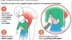 Come effettuare la manovra di Heimlich nei bambini per liberare le vie respiratorie ostruite da corpi estranei in un'infografica realizzata da Ansa-Centimetri, Roma, 29 maggio 2019. ANSA/CENTIMETRI