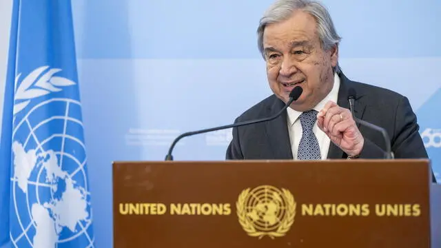epa11406080 U.N. Secretary-General Antonio Guterres speaks to the press stake out following the intervention of the opening of the UNO marking 60 years of UN Trade and Development (UNCTAD) at the European headquarters of the United Nations in Geneva, Switzerland, 12 June 2024. EPA/MARTIAL TREZZINI