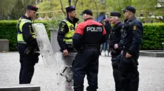 epa11329291 Norwegian and Danish police before the 'Stop Israel' demonstration between Stortorget and Molleplatsen in Malmo, Sweden, 09 May 2024. Organizers expect thousands to participant in the protest against Israel's participation in the 68th edition of the Eurovision Song Contest (ESC) at the Malmo Arena. The ESC comprises two semi-finals, held on 07 and 09 May, and a grand final on 11 May 2024. EPA/JOHAN NILSSON SWEDEN OUT