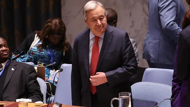 epa11622888 United Nations Secretary-General Antonio Guterres attends a high-level Security Council meeting on the conflict between Russia and Ukraine on the sidelines of the General Debate of the 79th session of the United Nations General Assembly at United Nations Headquarters in New York, New York, USA, 24 September 2024. The annual high-level General Debate gathers world leaders from 24 to 28 September, and 30 September under the theme, 'Leaving no one behind: acting together for the advancement of peace, sustainable development and human dignity for present and future generations'. EPA/SARAH YENESEL