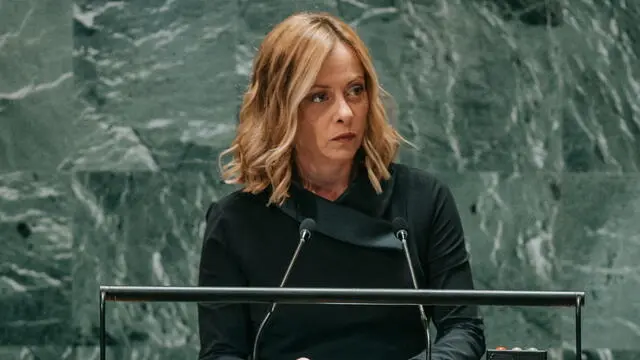 epa11623165 Italian President of the Council of Ministers Giorgia Meloni speaks during the General Debate of the 79th United Nations General Assembly session at United Nations Headquarters in New York, New York, USA, 24 September 2024. The annual high-level General Debate gathers world leaders from 24 to 28 September and 30 September under the theme, 'Leaving no one behind acting together for the advancement of peace, sustainable development, and human dignity for present and future generations.' EPA/OLGA FEDOROVA