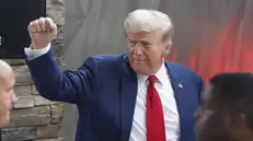 epa11642584 Former US president and Republican presidential nominee Donald Trump gestures after speaking to the news media with Georgia Governor Brian Kemp (not pictured) in the wake of damage and recovery from Hurricane Helene in Evans, Georgia, USA, 04 October 2024. The Augusta area suffered major damage after Helene swept through. Trump is running against Democratic US Vice President Kamala Harris. EPA/ERIK S. LESSER