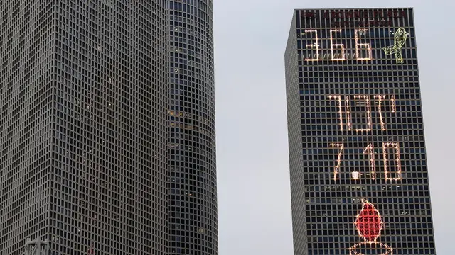 epa11646041 The Hebrew letters 'Yizkor 7.10', a memorial prayer for the departed meaning 'Remember', light one of the skyscrapers of the Azrieli Center, in Tel Aviv, Israel, 06 October 2024. Upcoming 07 October 2024 marks one year since the Palestinian militant group Hamas launched a surprise attack on Israel, killing 1,200, and one year since Israel began its war on Gaza, killing more than 41,000 and destroying the Palestinian enclave. EPA/ABIR SULTAN