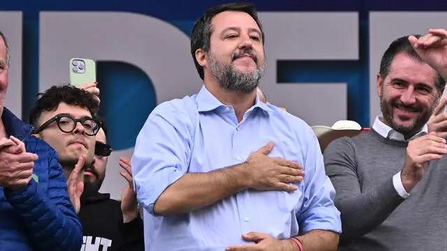 Leader of the League, Matteo Salvini, during traditional Lega party rally in Pontida (Bergamo), 6 October 2024. ANSA/MICHELE MARAVIGLIA