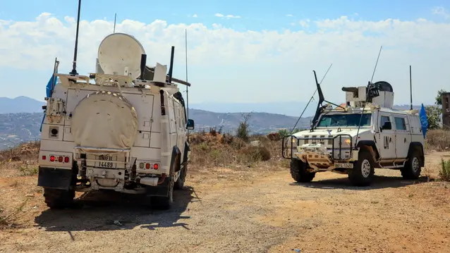 epa11566892 Vehicles of the United Nations Interim Forces in Lebanon (UNIFIL) patrol near the Lebanon-Israel border, at Marjayoun area in southern Lebanon, 27 August 2024. Hezbollah announced in a statement on 25 August that the group launched an aerial operation with numerous drones targeting Israeli territory as the 'phase one' of a retaliatory attack for the killing of senior Hezbollah commander Fuad Shukr on 30 July in Beirut. The Israeli Defense Forces (IDF) said some 100 fighter jets struck and destroyed thousands of Hezbollah rocket launcher barrels, aimed for immediate fire toward northern and central Israel. EPA/STR