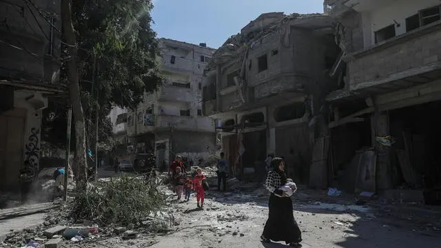 epa11649222 The destroyed house of the Abed Al -Hadi family following an Israeli air strike in Al- Bureije refugee camp, central Gaza Strip, 08 October 2024. According to the Palestinian Ministry of Health in Gaza, at least eight members of the Abed Al -Hadi family were killed in an Israeli airstrike in Al Bureije refugee camp on 08 October. More than 41,800 Palestinians and over 1,400 Israelis have been killed, according to the Palestinian Health Ministry and the Israel Defense Forces (IDF), since Hamas militants launched an attack against Israel from the Gaza Strip on 07 October 2023, and the Israeli operations in Gaza and the West Bank which followed it. EPA/MOHAMMED SABER
