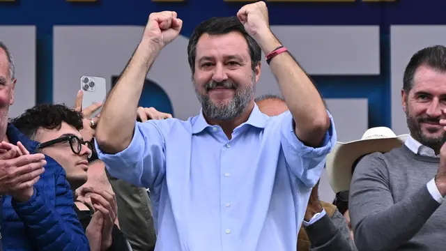 epa11645485 Italian Deputy Prime Minister, Transport Minister and Lega leader Matteo Salvini (C) reacts during the traditional Lega (League) party rally in Pontida, near Bergamo, northern Italy, 06 October 2024. Italy's right-wing League party is holding its annual rally at Pontida on 05 and 06 October. EPA/MICHELE MARAVIGLIA