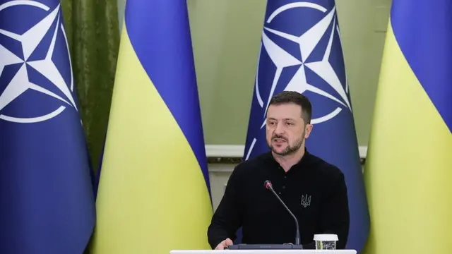 epa11639547 Ukrainian President Volodymyr Zelensky addresses a joint press conference with new NATO Secretary General Mark Rutte (not pictured) following their meeting in Kyiv, Ukraine, 03 October 2024. Mark Rutte made his maiden trip as the North Atlantic Treaty Organization's (NATO) Secretary General to Ukraine on 03 October, where he met with top officials and the President of Ukraine and pledged continued support for Ukraine in its war with Russia. EPA/SERGEY DOLZHENKO