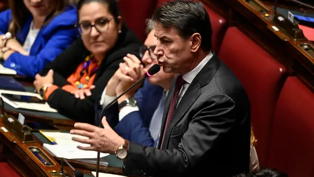 Il presidente del Movimento 5 Stelle, Giuseppe Conte, durante la discussione alla Camera sul ddl Lavoro, Roma, 1 ottobre 2024. ANSA/RICCARDO ANTIMIANI