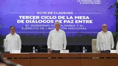 epa10682438 The president of Colombia Gustavo Petro (L), accompanied by Commander of the ELN guerrilla, Antonio Garcia (R), and the president of Cuba Miguel Diaz Canel (C), attend during the closing of the third round of peace talks in Havana, Cuba, 09 June 2023. Colombian President Gustavo Petro assured during the closing of the third round of talks between the National Liberation Army (ELN) and the Government, that peace between both parties could be achieved in May 2025. EPA/Ernesto Mastrascusa